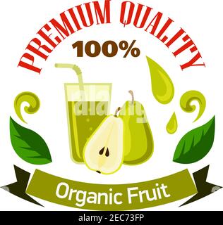 Flavorful sweet pear fruits with glass of fresh squeezed juice cartoon symbol for organic shop or cafe menu design. Premium quality fruits badge, deco Stock Vector