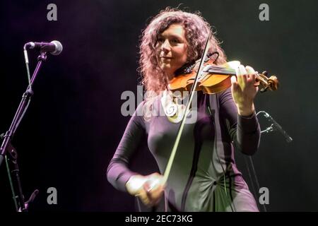 Clare Lindley on violin, James Warren, Andy Cresswell-Davis of Stackridge performing live on The Final Bow tour in Southport 2015 Stock Photo