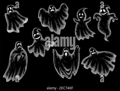 Halloween funny comic ghosts icons. Chalk cartoon bogey and spooks characters on blackboard with face expressions smiling, laughing, scared, angry, in Stock Vector