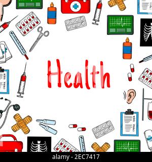 Health care background with medical icons. Hospital infographic poster with vector medication symbols syringe, liquid, pill, x-ray, thermometer, steth Stock Vector