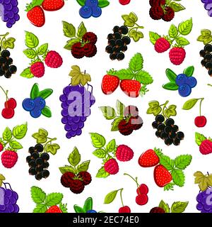 Berries and fruits seamless background. Wallpaper with vector pattern of strawberry, blackberry, blueberry, cherry, raspberry, black currant, grape Stock Vector