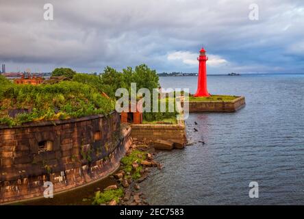 Lighthouse of fort Kronshlot. Fort Kronshlot in the gulf of Finland of the Baltic sea built in 1704. Sea fortress in Kronstadt, Russia Stock Photo