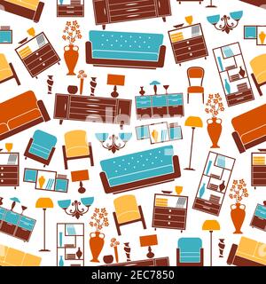 Furniture seamless pattern. Room interior vector elements background. Vintage and classic home accessories. Sofa, chair, armchair, lamp, bookshelf, va Stock Vector
