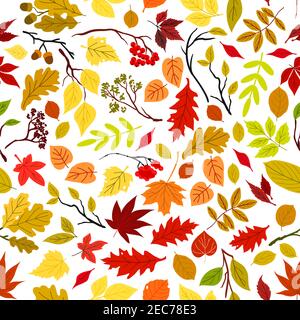 Autumn leaves seamless pattern background. Vector leaf and stem elements. Tree seeds and fruits. Foliage of oak, maple, birch, aspen, chestnut, elm, p Stock Vector