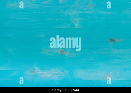 Top view of vintage beach wood background, old weathered wooden plank painted in blue color, flat lay, copy space Stock Photo