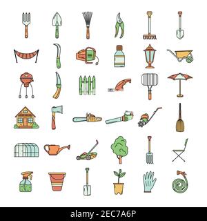 A set of garden icons, tools, recreation. Garden color icons. Logo Lineart. Stock Vector