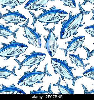 Swimming blue fishes seamless pattern with flock of cartoon atlantic tuna fishes over white background. Seafood and fishing sport themes design Stock Vector