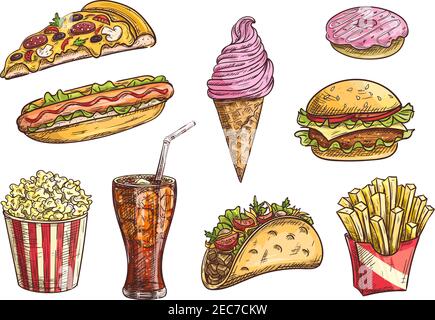 Fast food icons set. Isolated sketch snacks, drink, cheeseburger, tacos, hot dog, french fries in box, pizza slice, ice cream cone, donut, popcorn, so Stock Vector