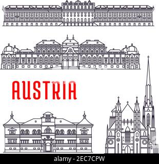 Historic architecture buildings of Austria. Vector thin line icons of Schonbrunn Palace, St. Stephen Cathedral, Belvedere, Hellbrunn Palace. Austrian Stock Vector