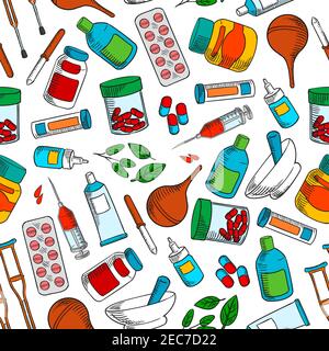 Medical treatments seamless background. Medicine wallpaper with vector pattern of medications icons syrup, ointment, pill, dropper, syringe, solution, Stock Vector