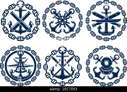 Marine and nautical emblems, icons, badges. Graphic insignia elements of anchor, chain, steering wheel, submarine, sextant, bombs cannons swords Stock Vector