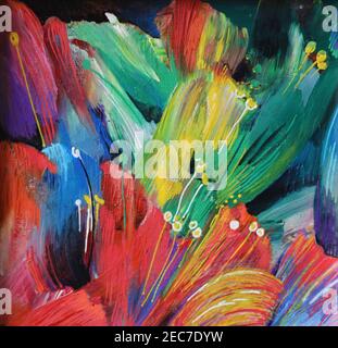 Tulips.Abstract painting of tulips. Artist's colourful interpretation and impression of tulips in bloom. Palette of colour. Covid 19 lockdown activity. Stock Photo