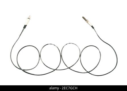 Data cable with different types of USB connectors isolated on a white background. Top view. Copy space. Stock Photo