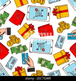 Shopping items and gifts seamless pattern background. Wallpaper with vector icons of smartphone, shopping cart, credit card, gift box, money, shopping Stock Vector