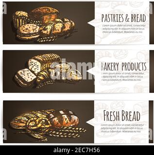 Bakery fresh bread and pastries poster. Vector sketch icons of bagel, pretzel, croissant, baguette, loaf, cake, muffin, bun for bakery, patisserie, ca Stock Vector