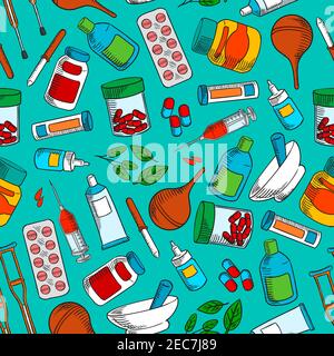 Medical treatments and medication icons. Seamless wallpaper background with vector pattern of cure and medicine supplies ointment, pill, dropper, syri Stock Vector