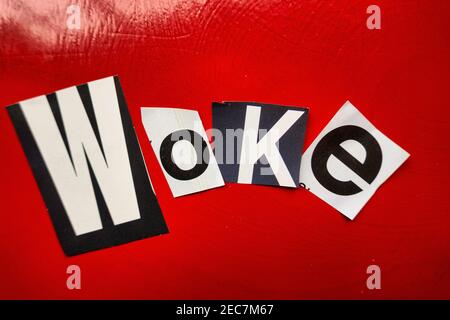 The word 'WOKE' using cut-out paper letters in the ransom note effect typography, USA Stock Photo