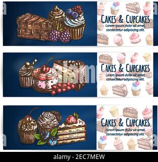 Bakery desserts and sweets poster. Confectionery, pastries, cupcakes, cakes, cookies with berries. Vector banner for patisserie, cafe leaflet, pastry Stock Vector