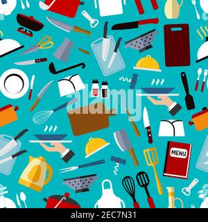 Restaurant kitchen utensils seamless pattern with knife, fork, spoon, chef hat, pan, spatula, menu, coffee pot, kettle, scissors, ladle, whisk tray cu Stock Vector