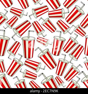 Coke paper cup seamless background. Classic red striped cup with drinking straw and lid. Fast food drink vector wallpaper decoration for restaurant, e Stock Vector