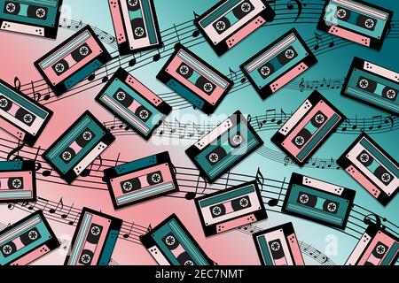 3d illustration of vintage audio cassettes with a musical notes background Stock Photo