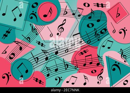 Memphis style illustration of black musical notes on a pink and green background Stock Photo