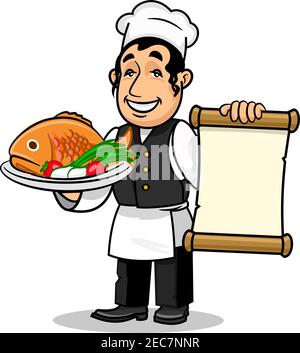 Fish restaurant Chef holding menu card template and fried fish dish. Vector icon for restaurant label, signboard Stock Vector