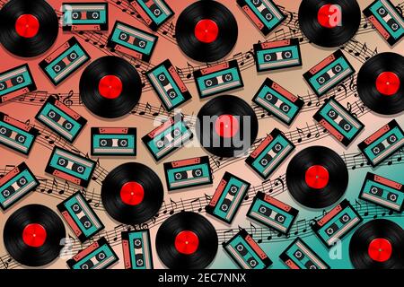 3d illustration of vintage audio cassettes and vinyl records on a musical notes background Stock Photo