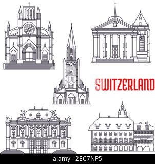 Historic architecture buildings of Switzerland. Vector thin line icons of Bern Minster, Zurich Opera House, St. Pierre Cathedral, St. Peter Cathedral, Stock Vector