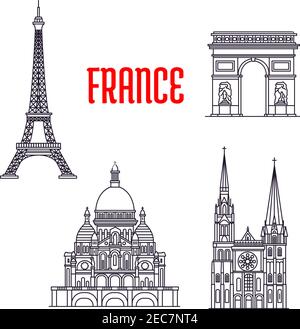 Historic sightseeings and buildings of France. Vector outline icons of Eiffel Tower, Triumphal Arch, Chartres Cathedral, Montmartre. Paris showplaces Stock Vector