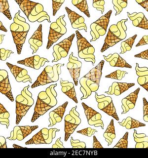 Ice cream waffle cone seamless background. Wallpaper with dessert pattern vector icons of vanilla ice cream scoops for cafe, restaurant menu, decorati Stock Vector