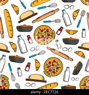 Cooking and kitchen utensils seamless background. Wallpaper with vector pattern icons of pizza, bread bagel, croissant, salt, pepper, rolling pin, whi Stock Vector