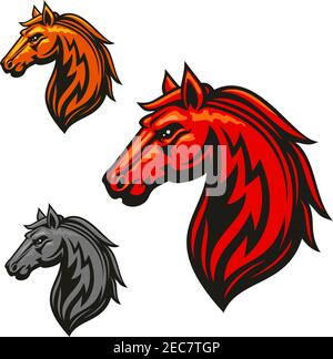 Fire horse stallion heraldic emblems. Red, yellow, gray horses vector icons for chess or sport club, team shield, icon, badge, label, tattoo Stock Vector