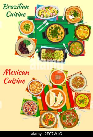 Mexican and brazilian cuisine icon with bean and seafood stews, grilled meat, taco and meat salads, beef fajitas, tomato and lentil, shrimp, duck and Stock Vector