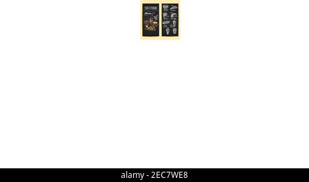 Fast food menu poster. Chalk sketch icons on blackboard. Snacks and drinks description and price label. Vector elements of fries, hamburger, drinks, p Stock Vector