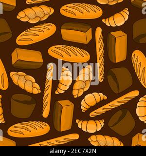 Bread seamless background. Wallpaper with bakery pattern vector icons of croissant, baguette, bun, loaf, bagel. Decoration for patisserie, cafe, baker Stock Vector