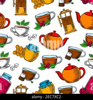 Tea time seamless background. Wallpaper with vector pattern icons of tea pot, kettle, coffee maker, french press, honey in honeycomb, jam, berries, su Stock Vector