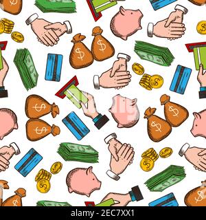Business, Money, Success seamless background. Wallpaper with vector pattern icons of credit card, handshake, piggy bank, dollar, banknote, coin. Busin Stock Vector