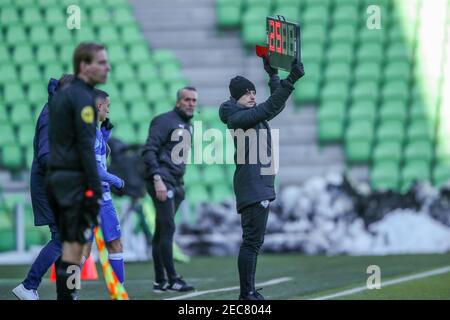 GRONINGEN, NETHERLANDS - FEBRUARY 13: fourth official Nick Smit during the Dutch Eredivisie match between FC Groningen and PEC Zwolle at Hitachi Capit Stock Photo