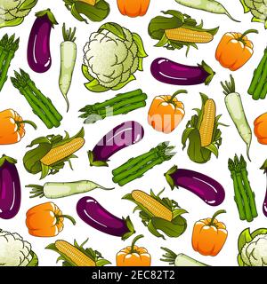Fresh farm bell pepper, corn, asparagus, cauliflower and daikon vegetables seamless pattern on white background. Agriculture, farm market or food pack Stock Vector