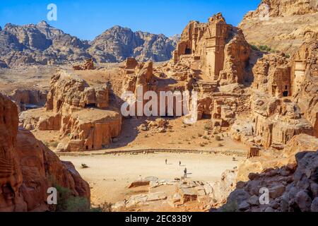 An aerial view looking down at the tombs into the Lost City of Petra, Jordan. Stock Photo