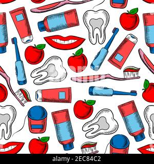 Dental health and dentistry pattern with seamless background of healthy teeth, toothbrush, toothpaste, floss, smile and fresh red apple. Dental health Stock Vector
