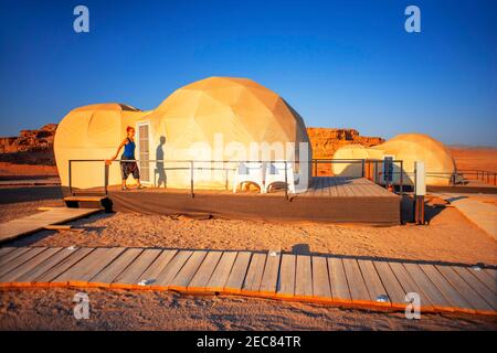 Mazayen Rum Camp bubble tents dome like hotel rooms in the style of Ridley Scott's The Martian film clustered together at SunCity camp in Wadi Rum Nat Stock Photo