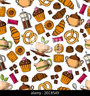 Pastries and sweets with tea drinks seamless background with pattern of tea cup, cupcake, croissant, chocolate, cookie, candy, pretzel, tea pot and su Stock Vector