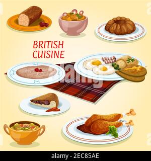 British cuisine icon with fried eggs and bacon, steak and kidney pie, turkey with cranberry sauce, pudding, oatmeal porridge, gingerbread cake, scotti Stock Vector