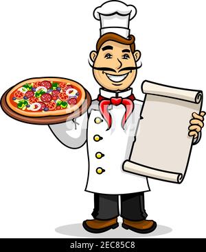 Pizzeria icon. Italian Chef in uniform and cooking cap holding menu card template and pizza. Vector emblem for restaurant signboard, menu, decoration Stock Vector