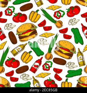 Fast food cheeseburger with ingredients seamless pattern of burger, cheese, beef patty, fresh tomato, pepper, onion and cucumber vegetables, ketchup a Stock Vector