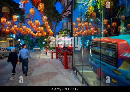 Food truck station in Rainbow street fashion Jabal district in the First Circle, Amman Jordan. Rainbow Street, Jabal Amman, Amman, Jordan, Middle East Stock Photo