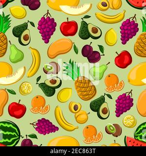 Fresh fruits seamless pattern of orange, lemon, apple, banana, pineapple, peach, grape, plum, mango, pear watermelon kiwi avocado and melon fruits on Stock Vector