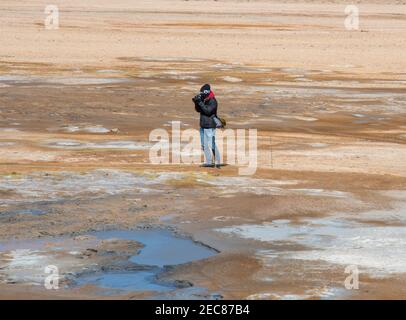 Myvatn Iceland - May 23. 2018: Tourist taking photo at Hverir Geothermal area in North Iceland Stock Photo